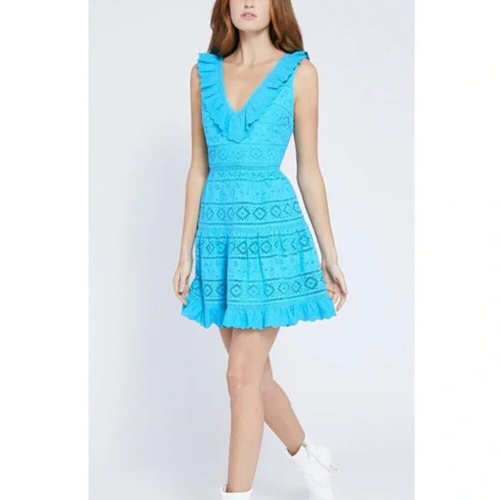 Alice + Olivia Turquoise Eyelet Ruffle V‑Neck Mini Dress
